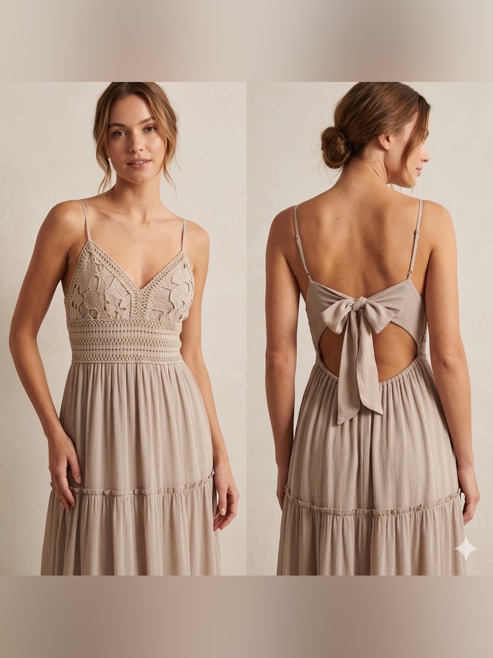 Streetwear Society Women’s Crochet Bodice Tiered Midi Dress Size M Beige Boho